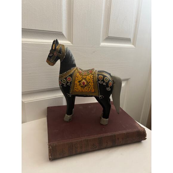Vintage Painted Wooden Horse Statue India Folk Art Boho Decor - Picture 7 of 13